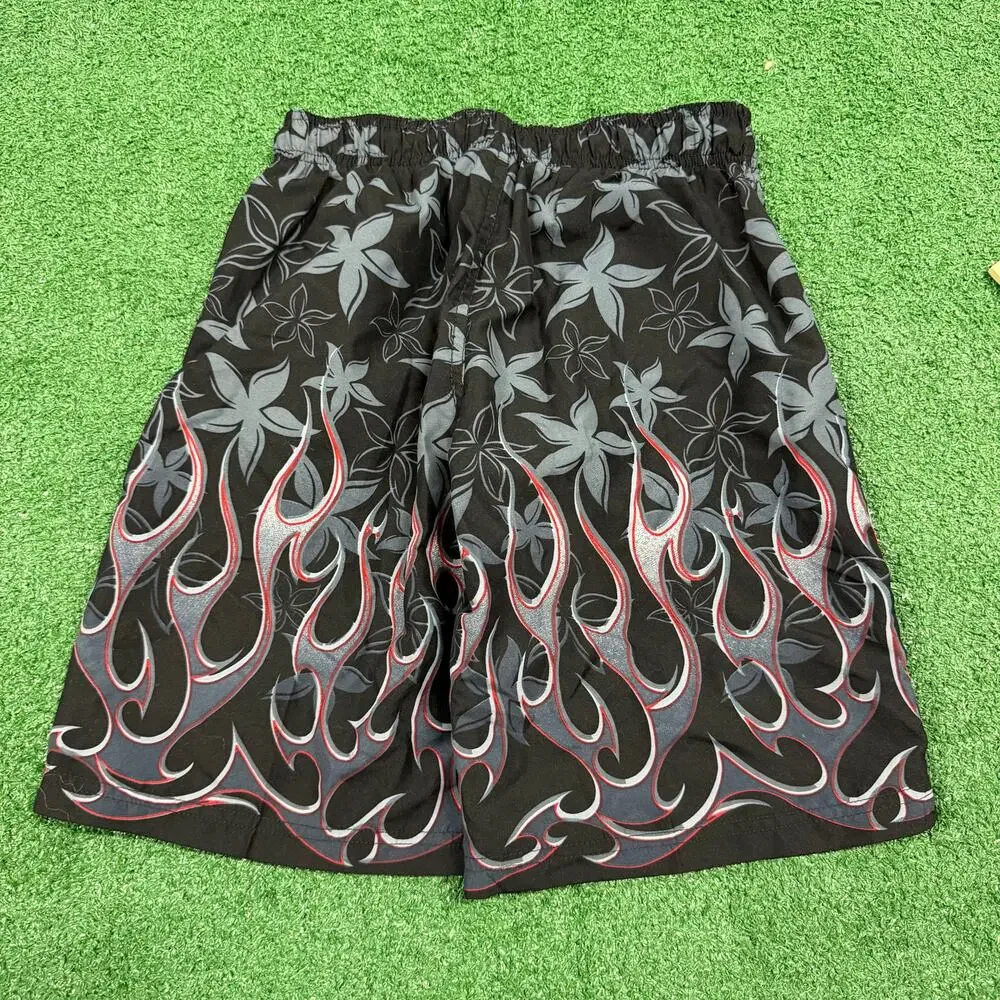 J Khaki Y2K Flame Tribal Board Shorts Black Gray Red Surf Skate Swim Shorts